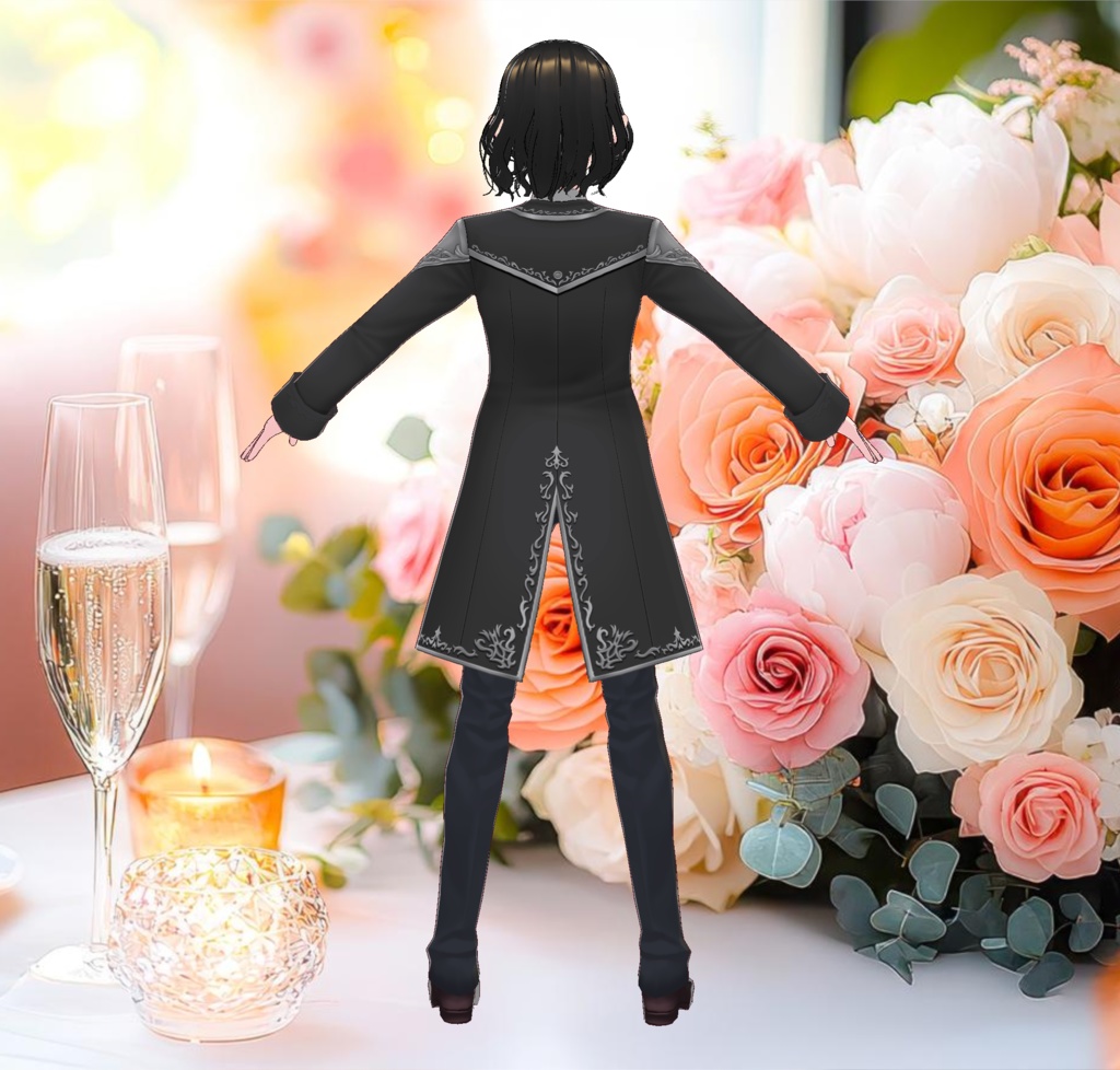 黒いタキシード&ウエディングドレスの結婚式衣装セット