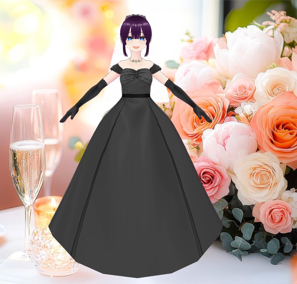 黒いタキシード&ウエディングドレスの結婚式衣装セット