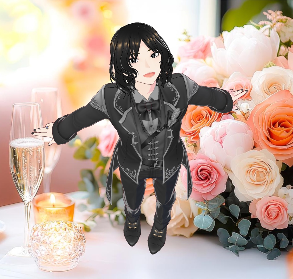 黒いタキシード&ウエディングドレスの結婚式衣装セット