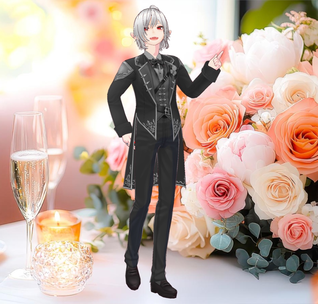 黒いタキシード&ウエディングドレスの結婚式衣装セット