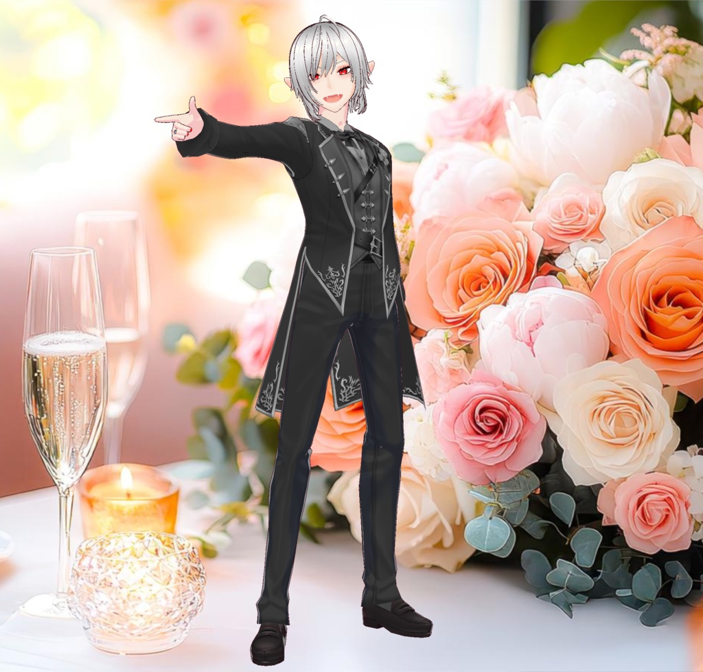 黒いタキシード&ウエディングドレスの結婚式衣装セット