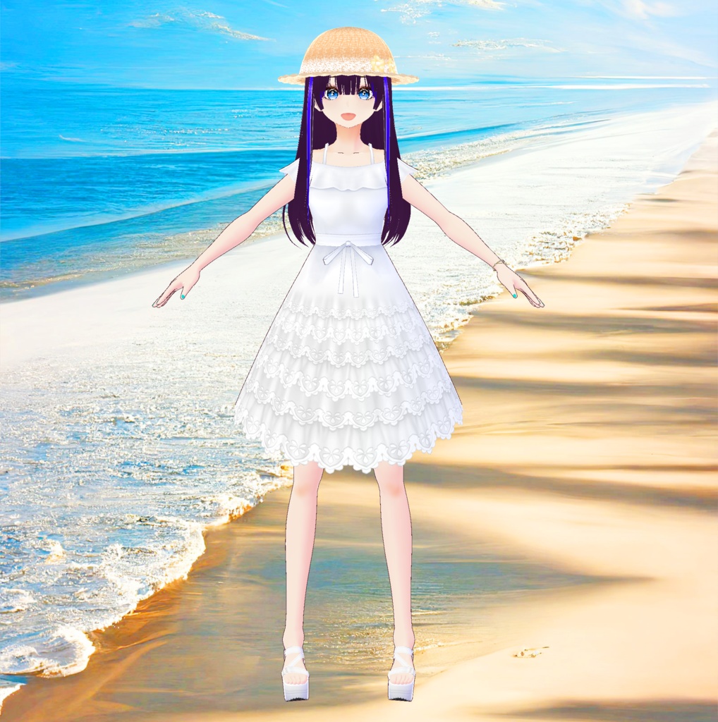 清楚な夏のお嬢様ワンピース&麦わら帽子_3D衣装セット(3種類)