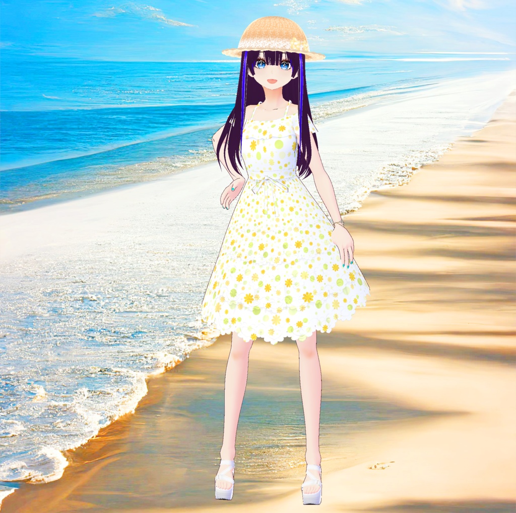 清楚な夏のお嬢様ワンピース&麦わら帽子_3D衣装セット(3種類)