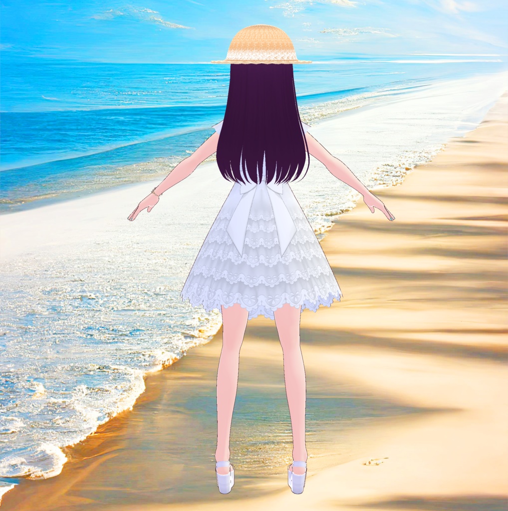 清楚な夏のお嬢様ワンピース&麦わら帽子_3D衣装セット(3種類)