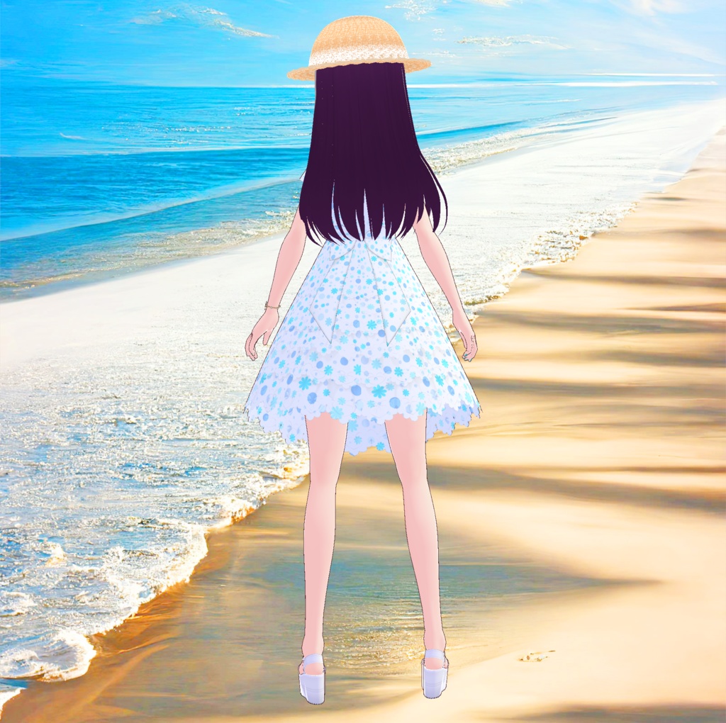 清楚な夏のお嬢様ワンピース&麦わら帽子_3D衣装セット(3種類)