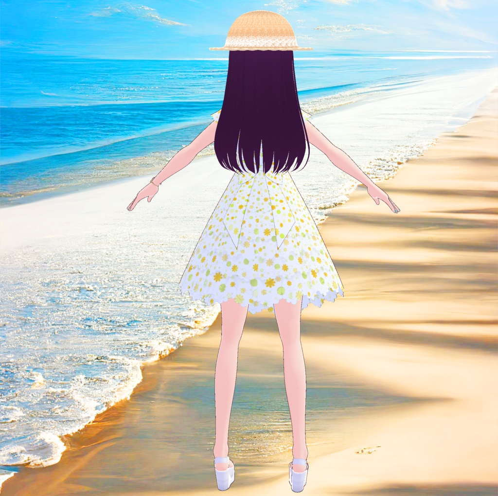 清楚な夏のお嬢様ワンピース&麦わら帽子_3D衣装セット(3種類)