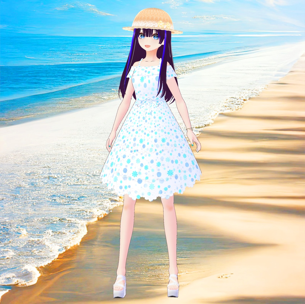 清楚な夏のお嬢様ワンピース&麦わら帽子_3D衣装セット(3種類)