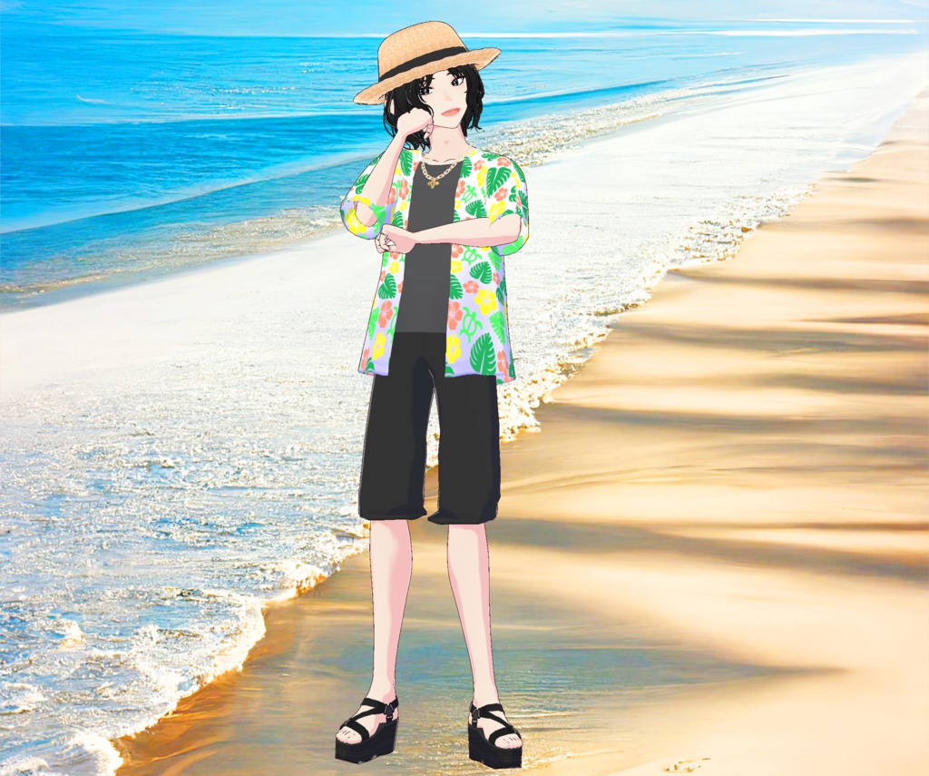 メンズ麦わら帽子と夏のアロハシャツの3D衣装セット