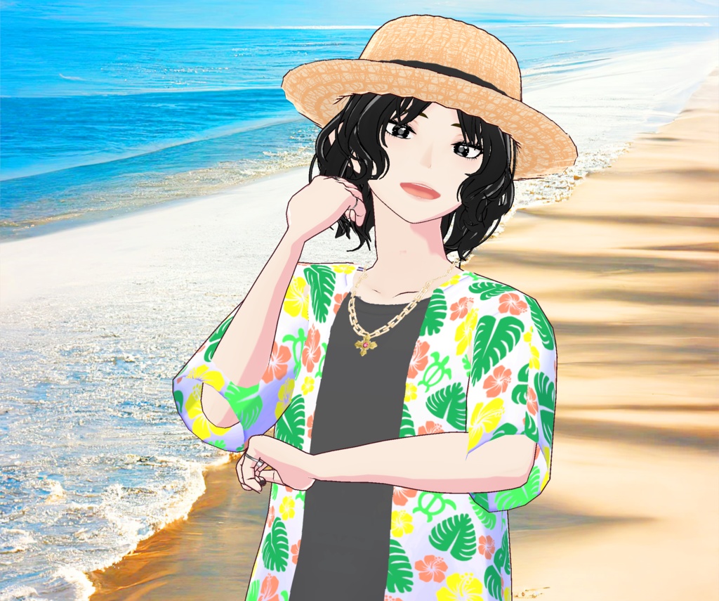 メンズ麦わら帽子と夏のアロハシャツの3D衣装セット