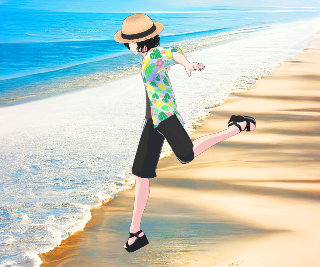 メンズ麦わら帽子と夏のアロハシャツの3D衣装セット