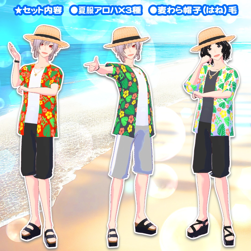 メンズ麦わら帽子と夏のアロハシャツの3D衣装セット