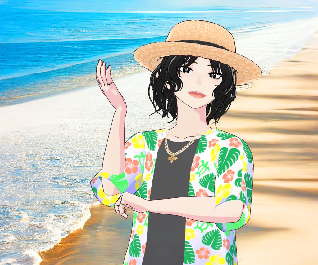 メンズ麦わら帽子と夏のアロハシャツの3D衣装セット