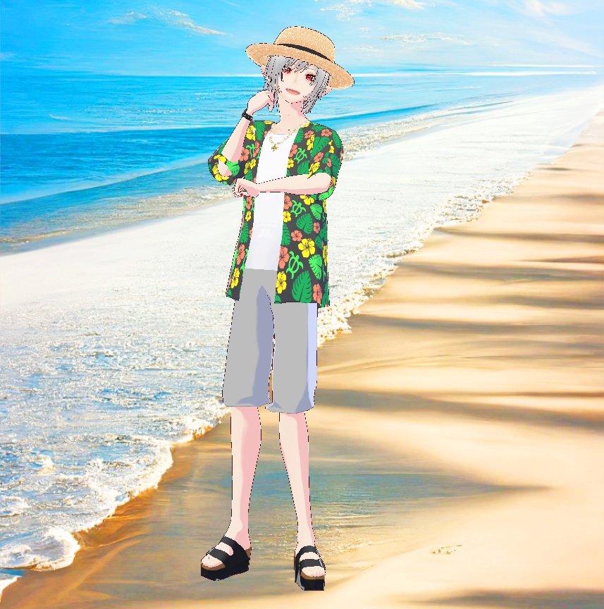 メンズ麦わら帽子と夏のアロハシャツの3D衣装セット