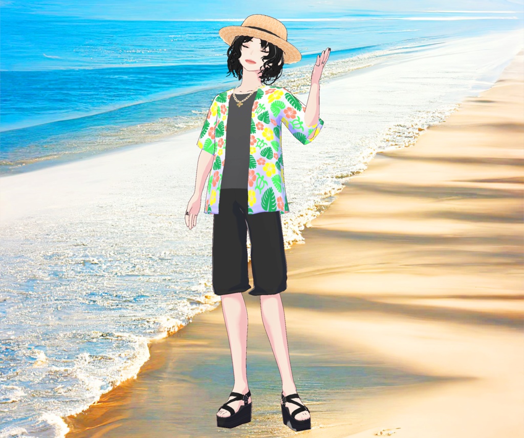 メンズ麦わら帽子と夏のアロハシャツの3D衣装セット