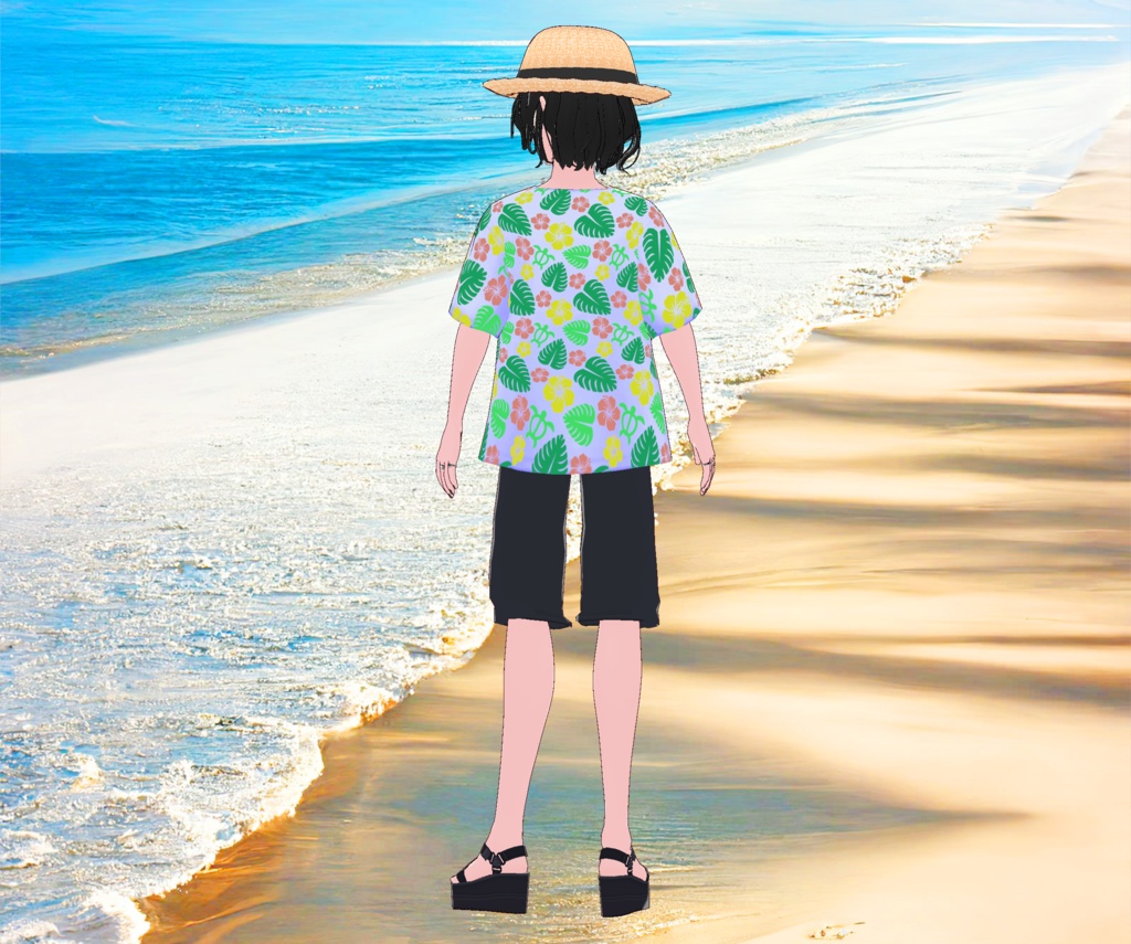 メンズ麦わら帽子と夏のアロハシャツの3D衣装セット