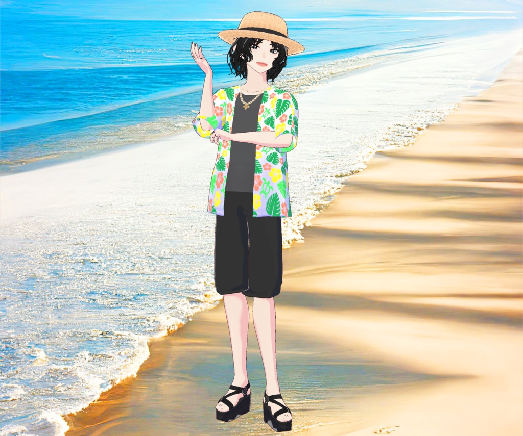 メンズ麦わら帽子と夏のアロハシャツの3D衣装セット