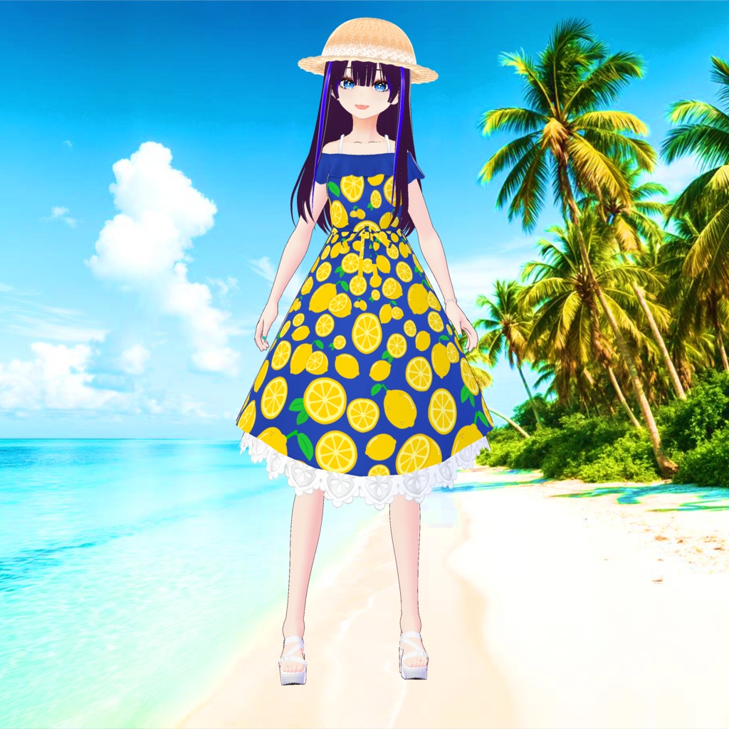 3D衣装・夏色レモンワンピース(※白、黒、水色、赤、青の5色バラ売り+麦わら帽子はね毛)