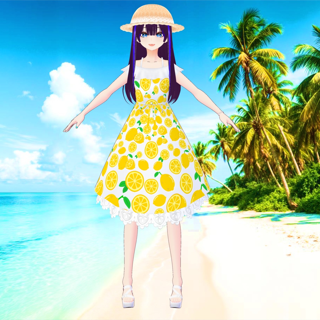 3D衣装・夏色レモンワンピース(※白、黒、水色、赤、青、黄色のバラ売り&セット売り+麦わら帽子はね毛)