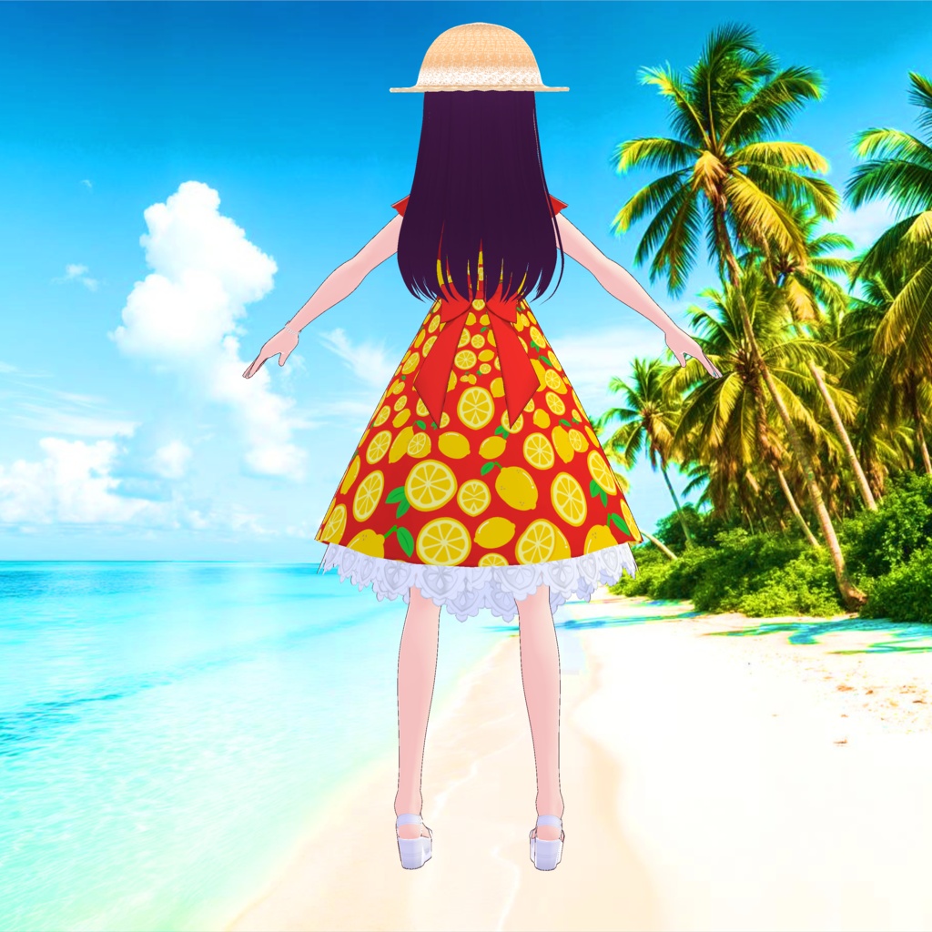 3D衣装・夏色レモンワンピース(※白、黒、水色、赤、青の5色バラ売り+麦わら帽子はね毛)