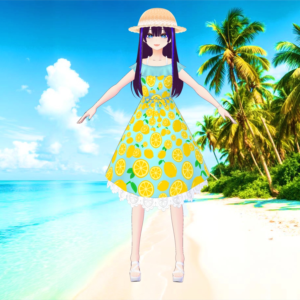 3D衣装・夏色レモンワンピース(※白、黒、水色、赤、青の5色バラ売り+麦わら帽子はね毛)
