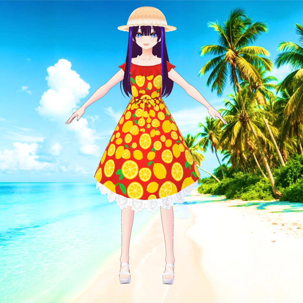 3D衣装・夏色レモンワンピース(※白、黒、水色、赤、青の5色バラ売り+麦わら帽子はね毛)