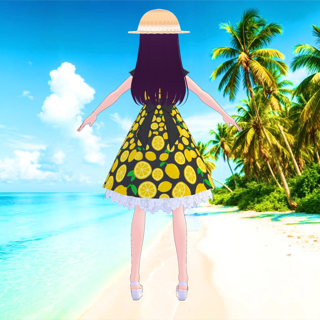 3D衣装・夏色レモンワンピース(※白、黒、水色、赤、青の5色バラ売り+麦わら帽子はね毛)