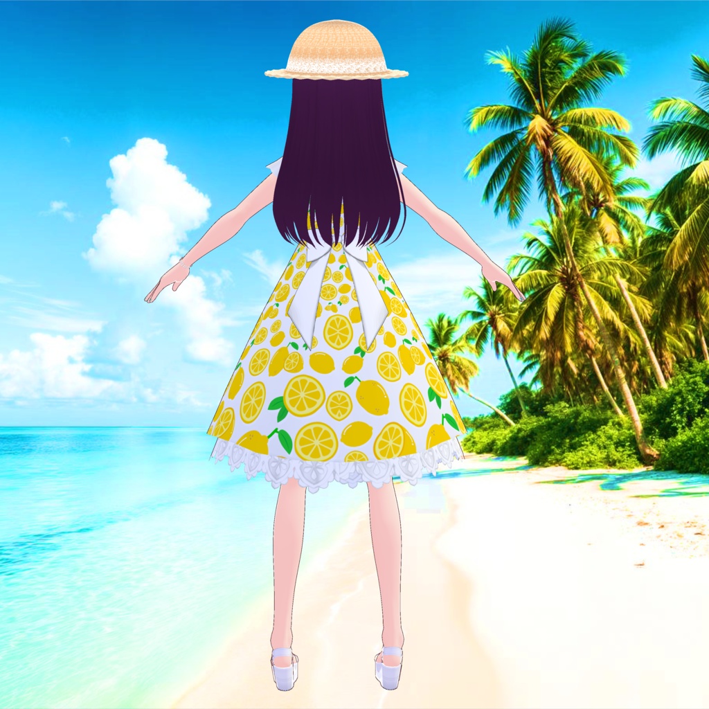 3D衣装・夏色レモンワンピース(※白、黒、水色、赤、青の5色バラ売り+麦わら帽子はね毛)