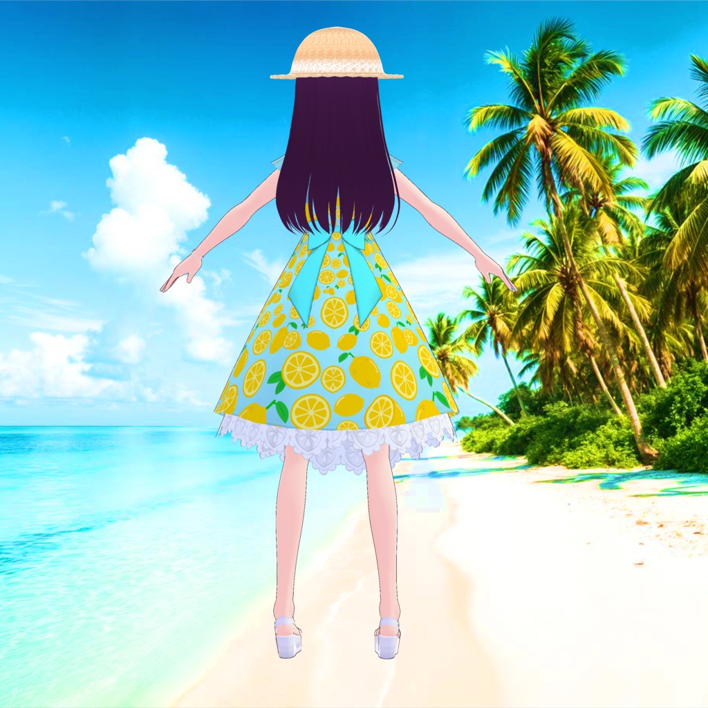 3D衣装・夏色レモンワンピース(※白、黒、水色、赤、青の5色バラ売り+麦わら帽子はね毛)