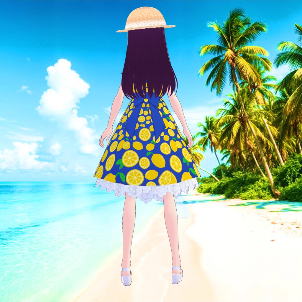 3D衣装・夏色レモンワンピース(※白、黒、水色、赤、青の5色バラ売り+麦わら帽子はね毛)