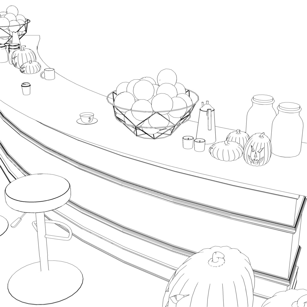 3D_カフェカウンター(ハロウィン小物付き)【クリスタ用素材】