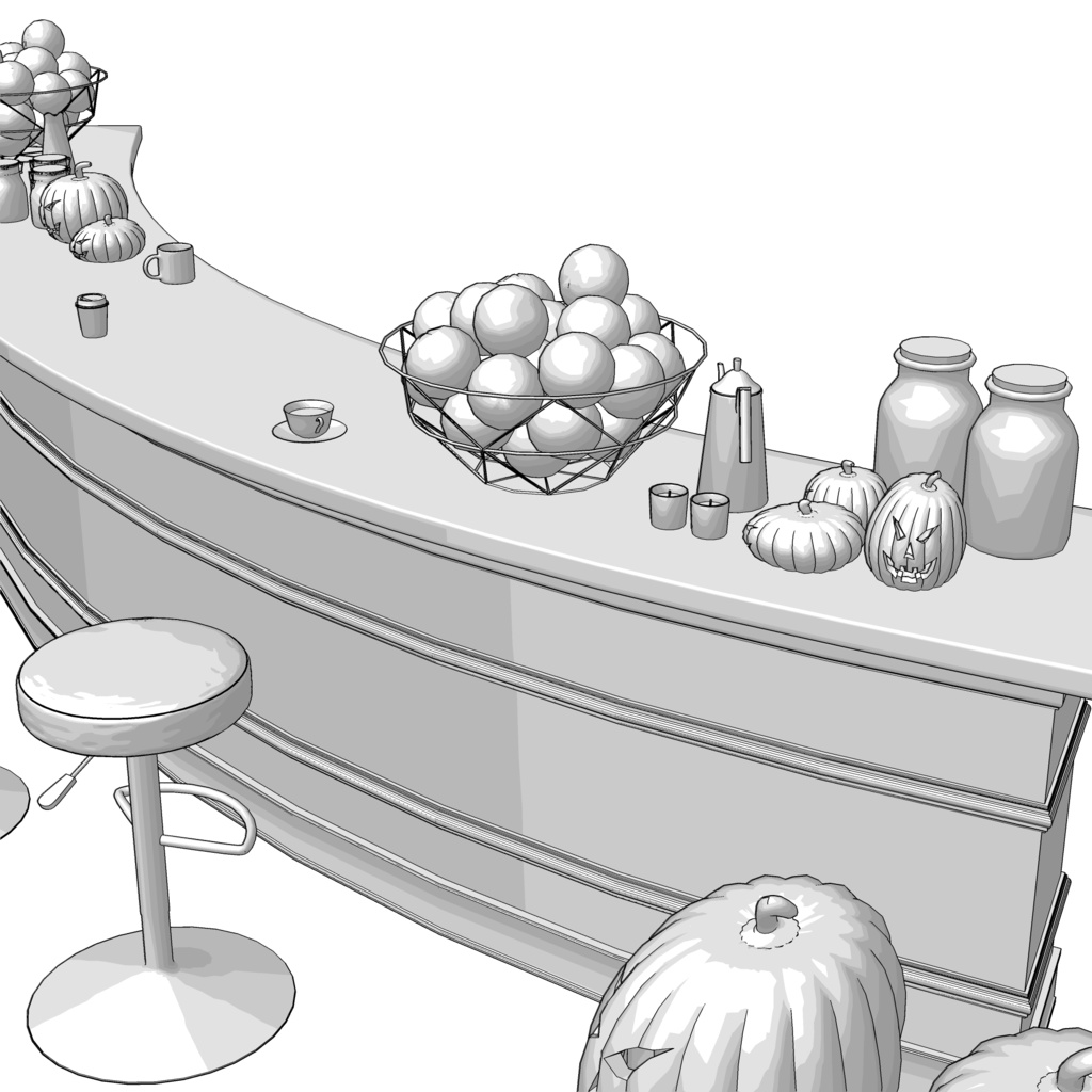 3D_カフェカウンター(ハロウィン小物付き)【クリスタ用素材】