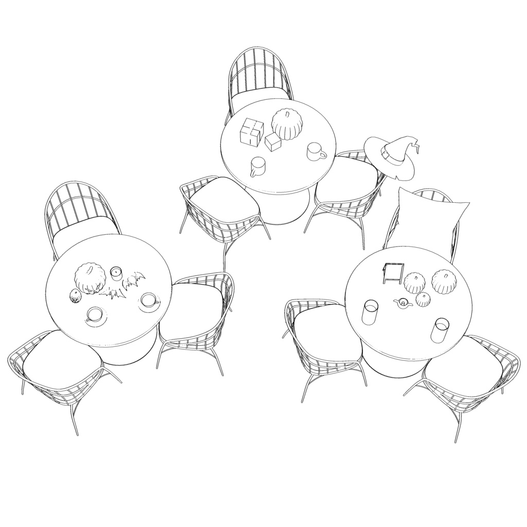 3D_ハロウィン飾り付きカフェテーブル&チェアセット【クリスタ用素材】