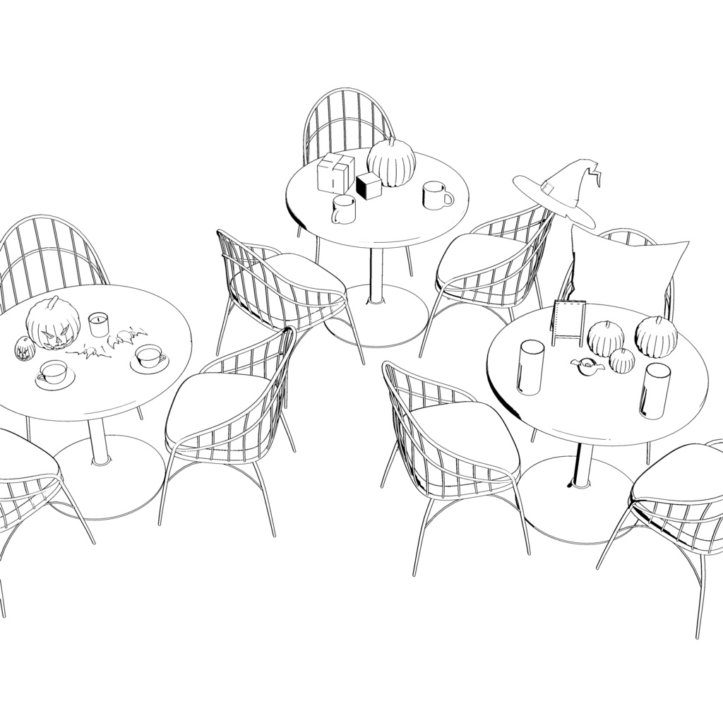 3D_ハロウィン飾り付きカフェテーブル&チェアセット【クリスタ用素材】