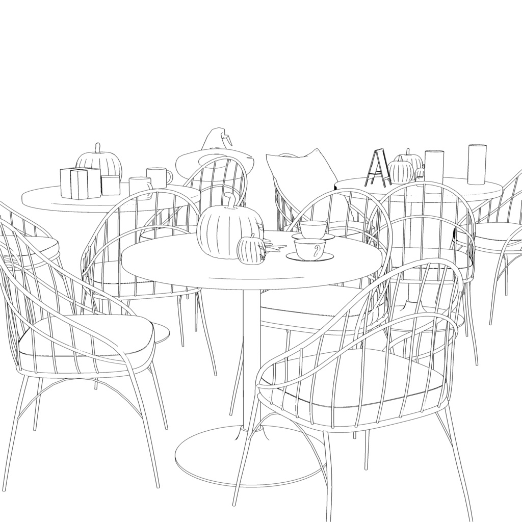 3D_ハロウィン飾り付きカフェテーブル&チェアセット【クリスタ用素材】