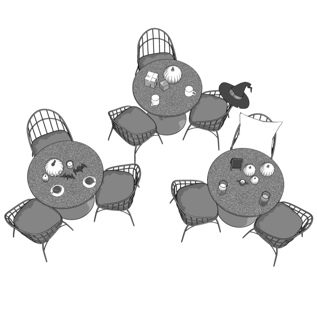 3D_ハロウィン飾り付きカフェテーブル&チェアセット【クリスタ用素材】