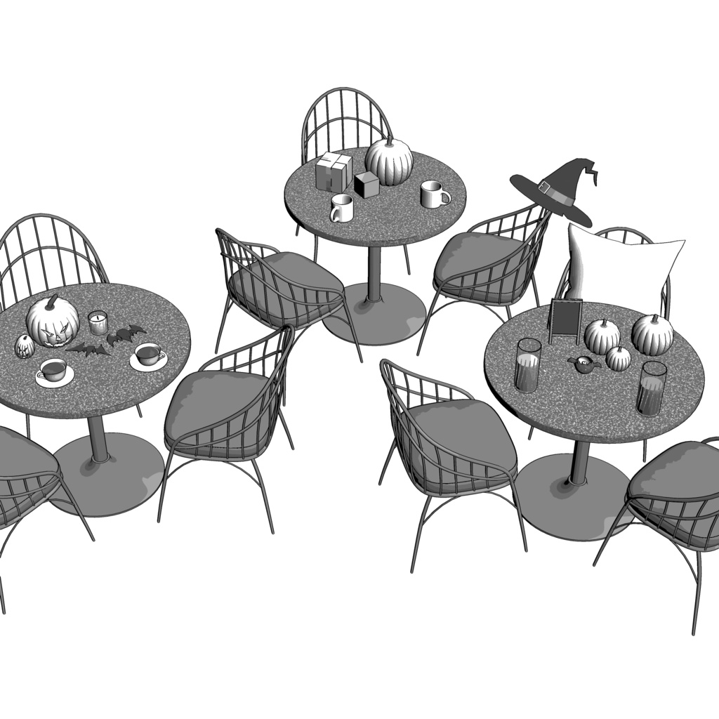 3D_ハロウィン飾り付きカフェテーブル&チェアセット【クリスタ用素材】