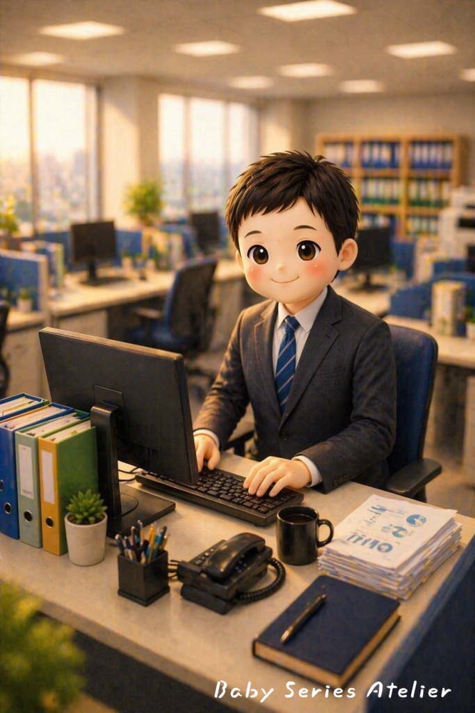ほたる町コレクション No.003「はたらく背中と、待つ家族」｜絵本風イラストセット