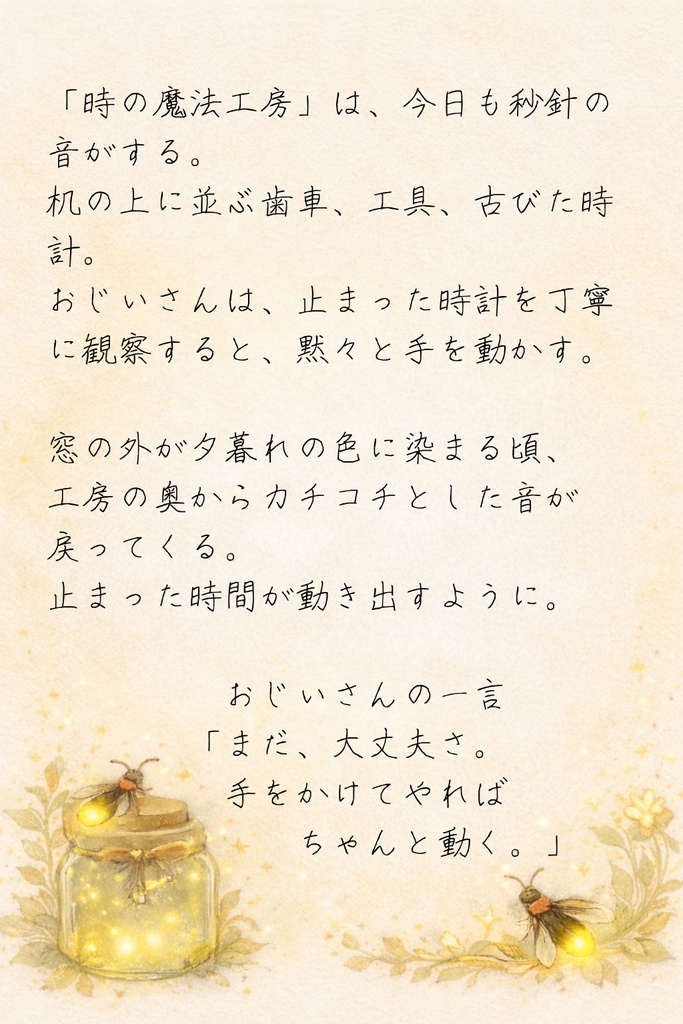 ほたる町コレクション No.015「時の魔法工房の、時を直すおじいさん」|絵本風イラストセット