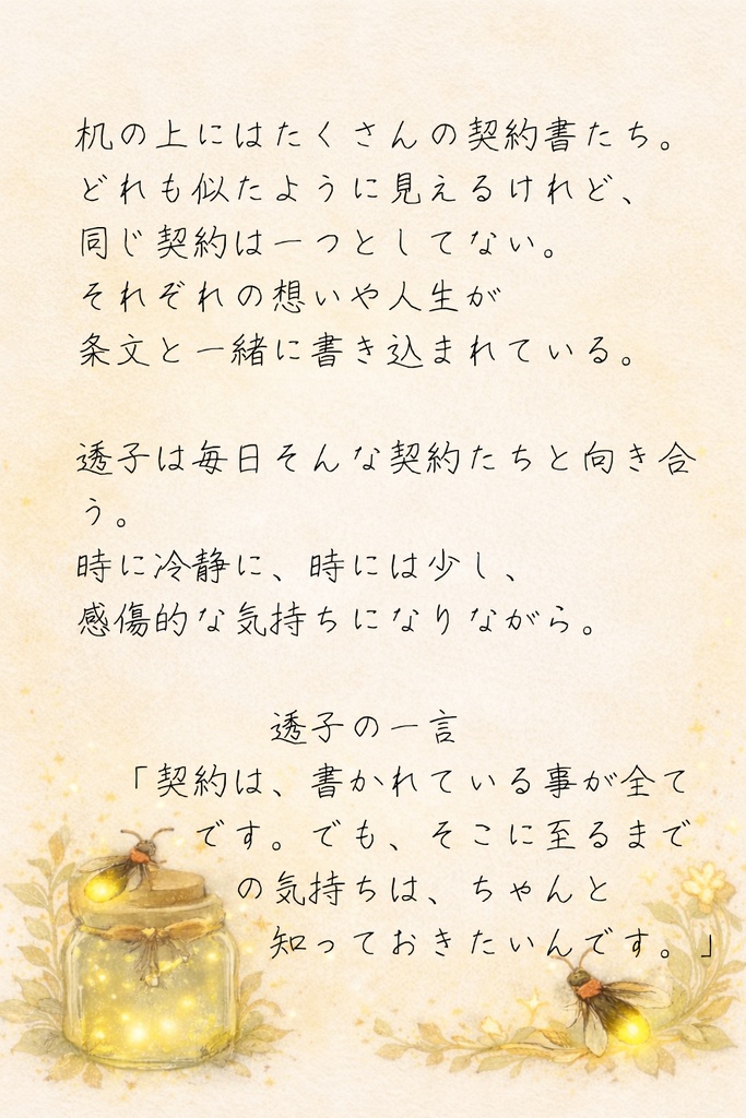 ほたる町コレクション No.019「契約書の向こう側」|絵本風イラストセット