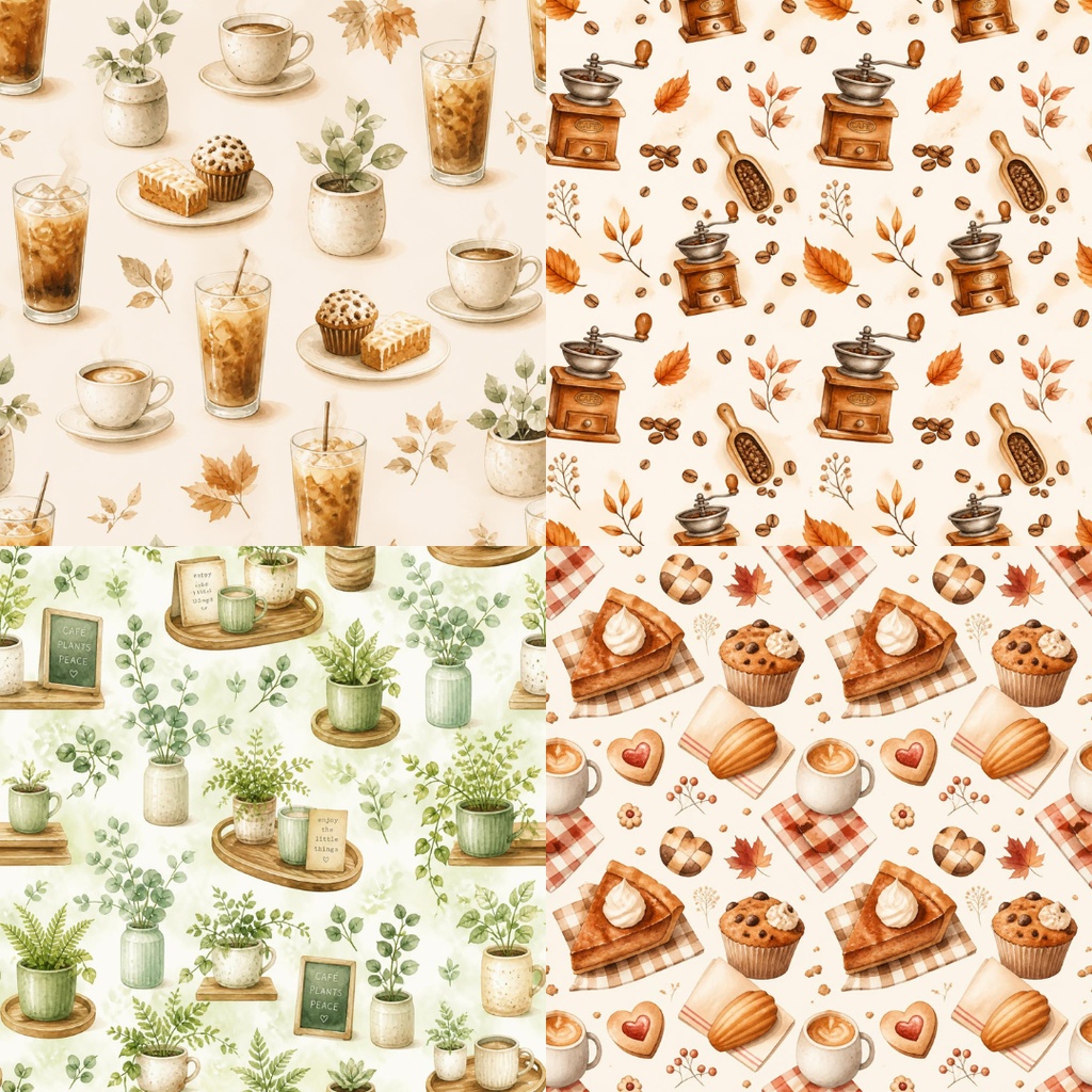 Kokoro Atelier｜夏秋のカフェ水彩パターンコレクション（10枚セット）