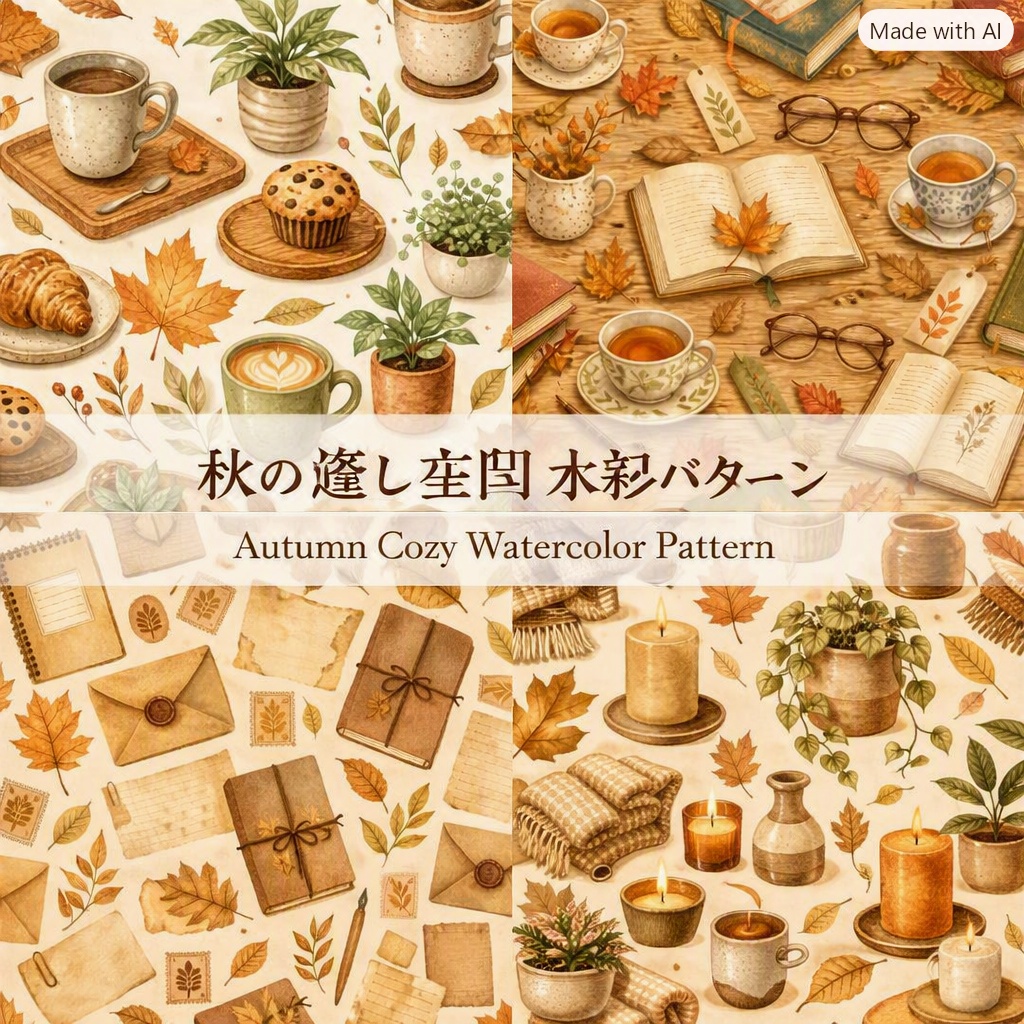 Kokoro Atelier｜秋の癒し空間 水彩パターン（10枚セット）