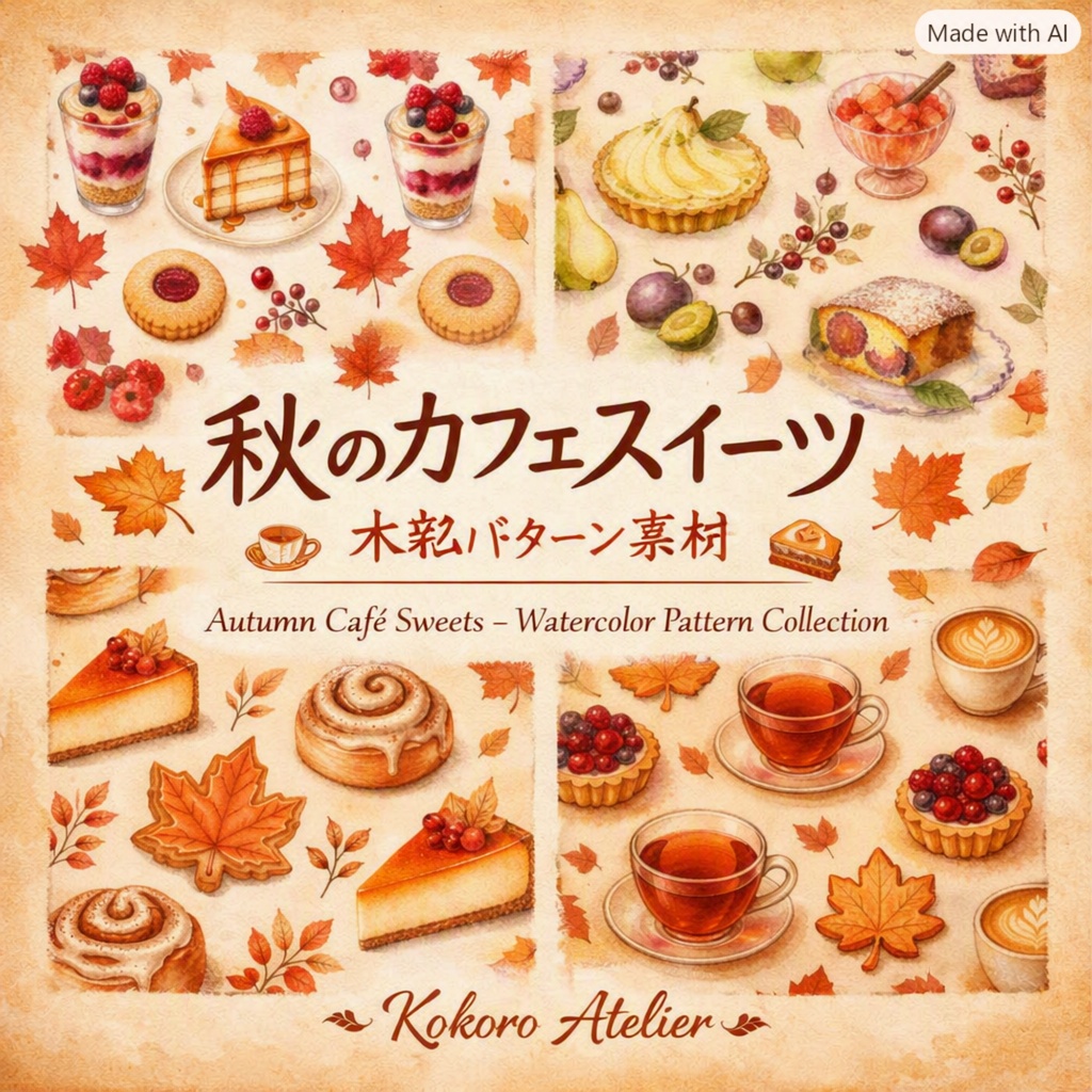 Kokoro Atelier　秋のカフェスイーツ・水彩パターン素材集  10枚セット｜背景素材・デジタル手帳・壁紙・ラッピング