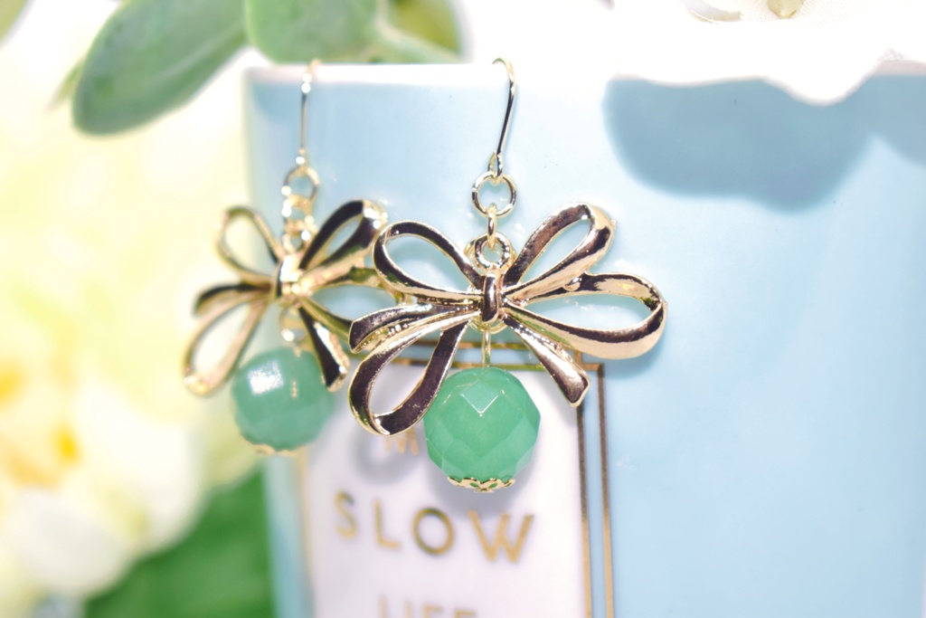 6年*おりぼんと天然石ピアス