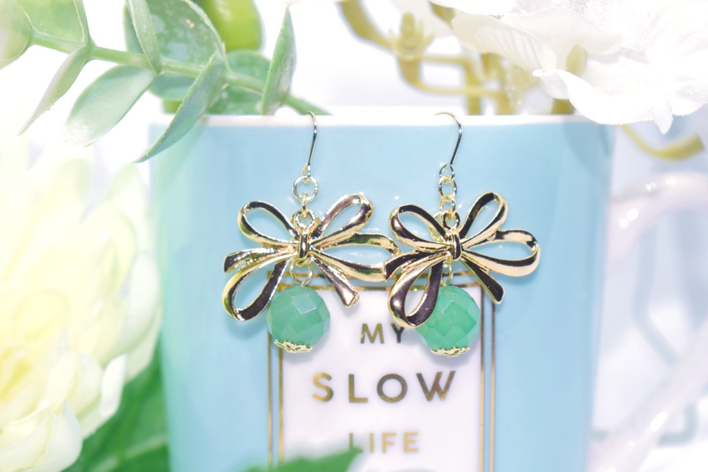 6年*おりぼんと天然石ピアス