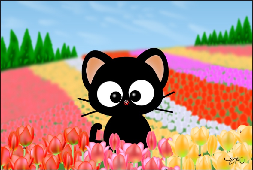 ポストカード062 チューリップ畑のりっちー君