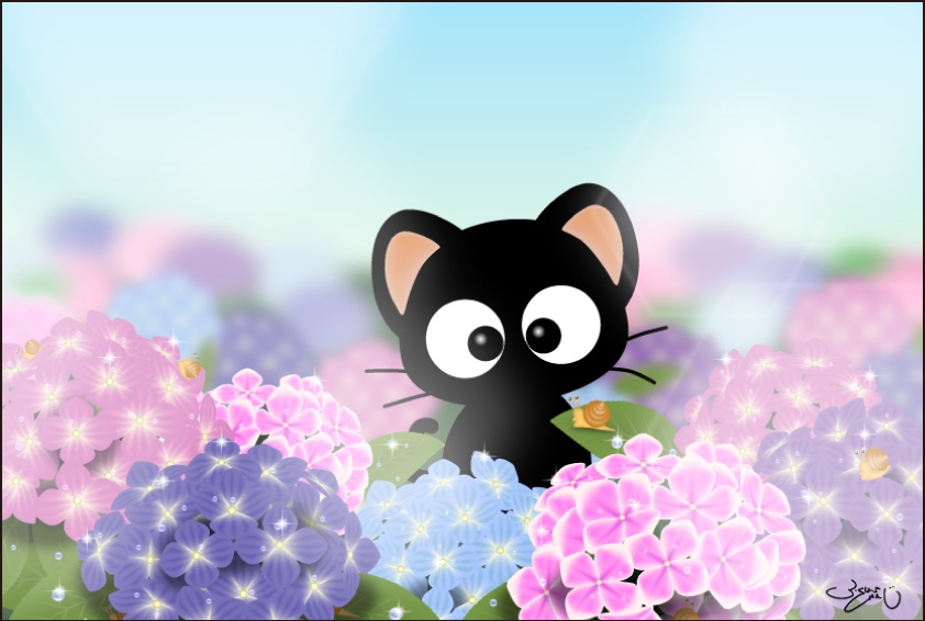 ポストカード089　紫陽花お散歩りっちー君