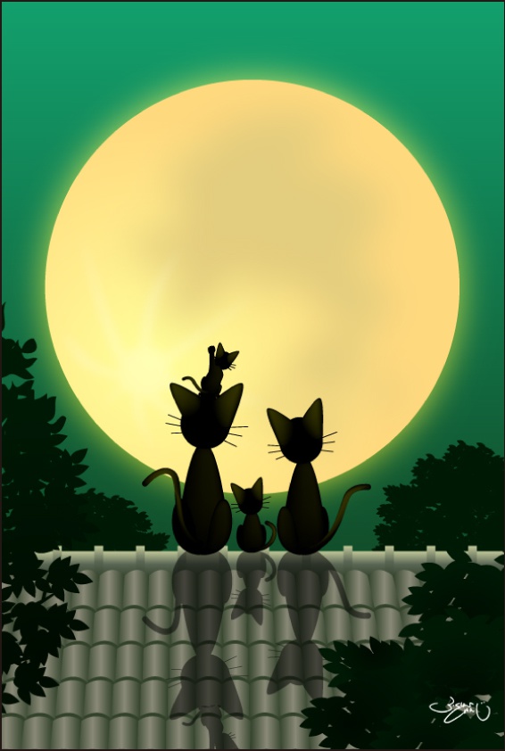 ポストカード097　お月見にゃんこ