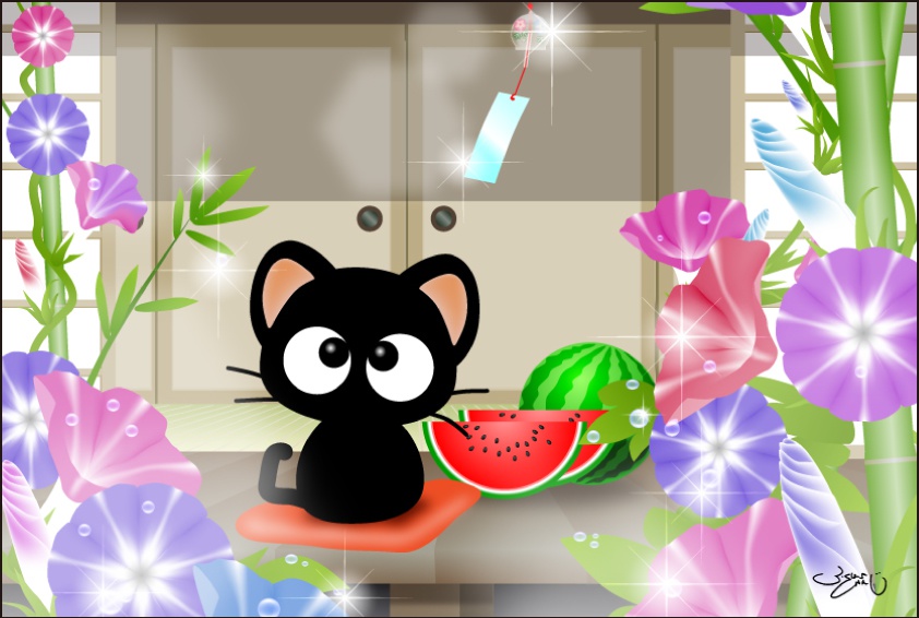 ポストカード144　お目覚め朝顔りっちー君