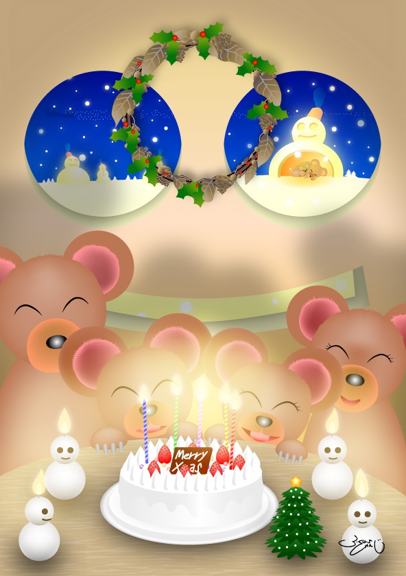 A4イラスト079　雪だるまハウスのクリスマス