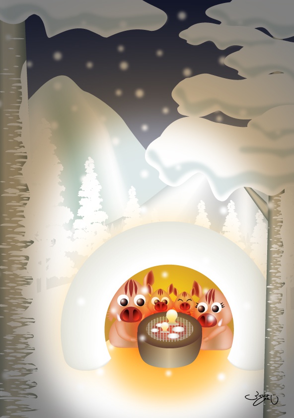 A4イラスト081　雪山団らん